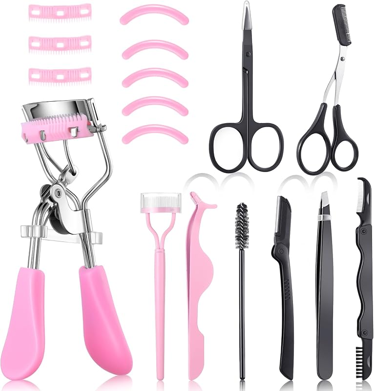 17 Pcs Eyelash Curlers Kit Lash Curler Eyelash Comb Seperator Extension Tweezers Eyebrow Brush Scissors False Eyelashes Applicator Eyebrow Trimmer Silicone Refills Pads for Women(Pink)