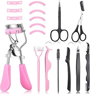 17 Pcs Eyelash Curlers Kit Lash Curler Eyelash Comb Seperator Extension Tweezers Eyebrow Brush Scissors False Eyelashes Applicator Eyebrow Trimmer Silicone Refills Pads for Women(Pink)