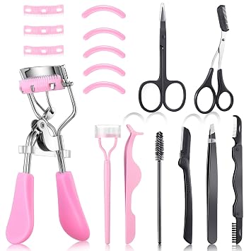 17 Pcs Eyelash Curlers Kit Lash Curler Eyelash Comb Seperator Extension Tweezers Eyebrow Brush Scissors False Eyelashes Applicator Eyebrow Trimmer Silicone Refills Pads for WomenPink