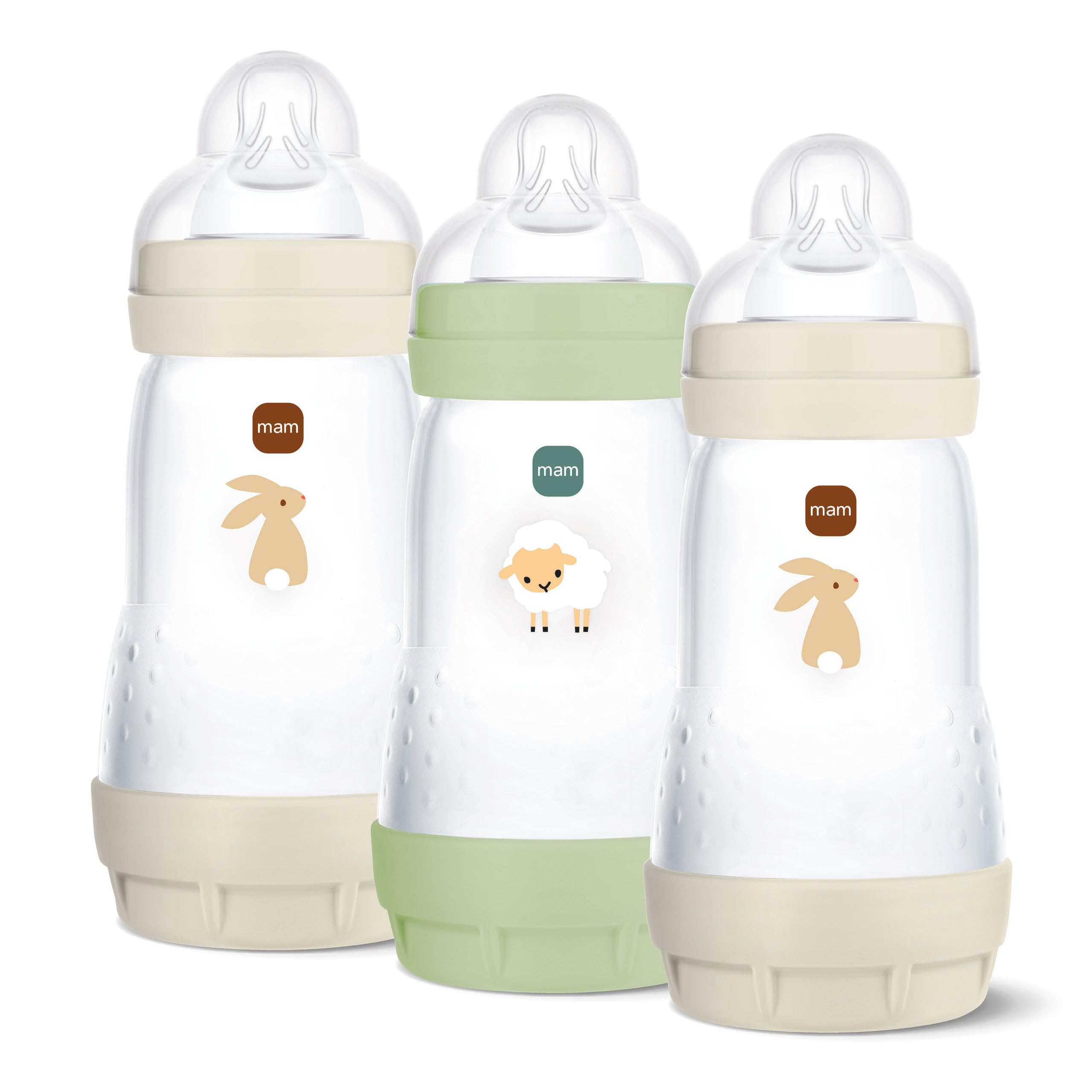 MAM Easy Start Anti-Colic Babyflasche | 0+ Monate | Testsieger | Milchflasche für Neugeborene | Weniger Koliken | stillfreundliche Baby Trinkflasche | Sauger Gr. 1 | 260ml | Katze/Schaf | 3 Stück