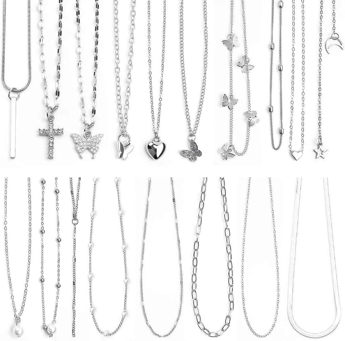 Juego de 18 collares Y2K, joyería Y2K y collar grunge con cruz, corazón, mariposa, estrella, luna, colgantes de cadena de perlas, collar emo en capas para mujer