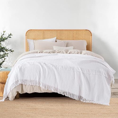 Manta tamaño King 100% algodón con flecos, manta de tejido de gofre prelavada para todas las estaciones, ligera, transpirable, suave y acogedora