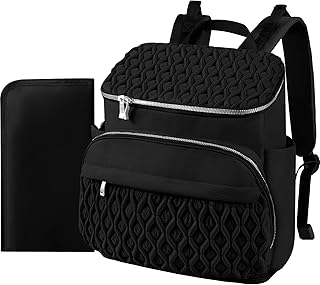 Baby Diaper Bag Backpack, Expandable Baby Bag for Girl Boy, Travel Diaper Backpack with Insulated Pocket, Changing Pad, Quilted Diaper Bag for Mom Dad, Newborn Baby Essentials Must Have Black