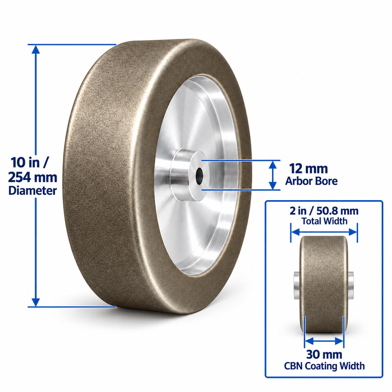 CBN Grinding Wheel for Tormek T8 Knife Sharpener, 10 inch Dia, 254mm x 50mm, 12mm Arbor, Grit 200, Rounded Corner