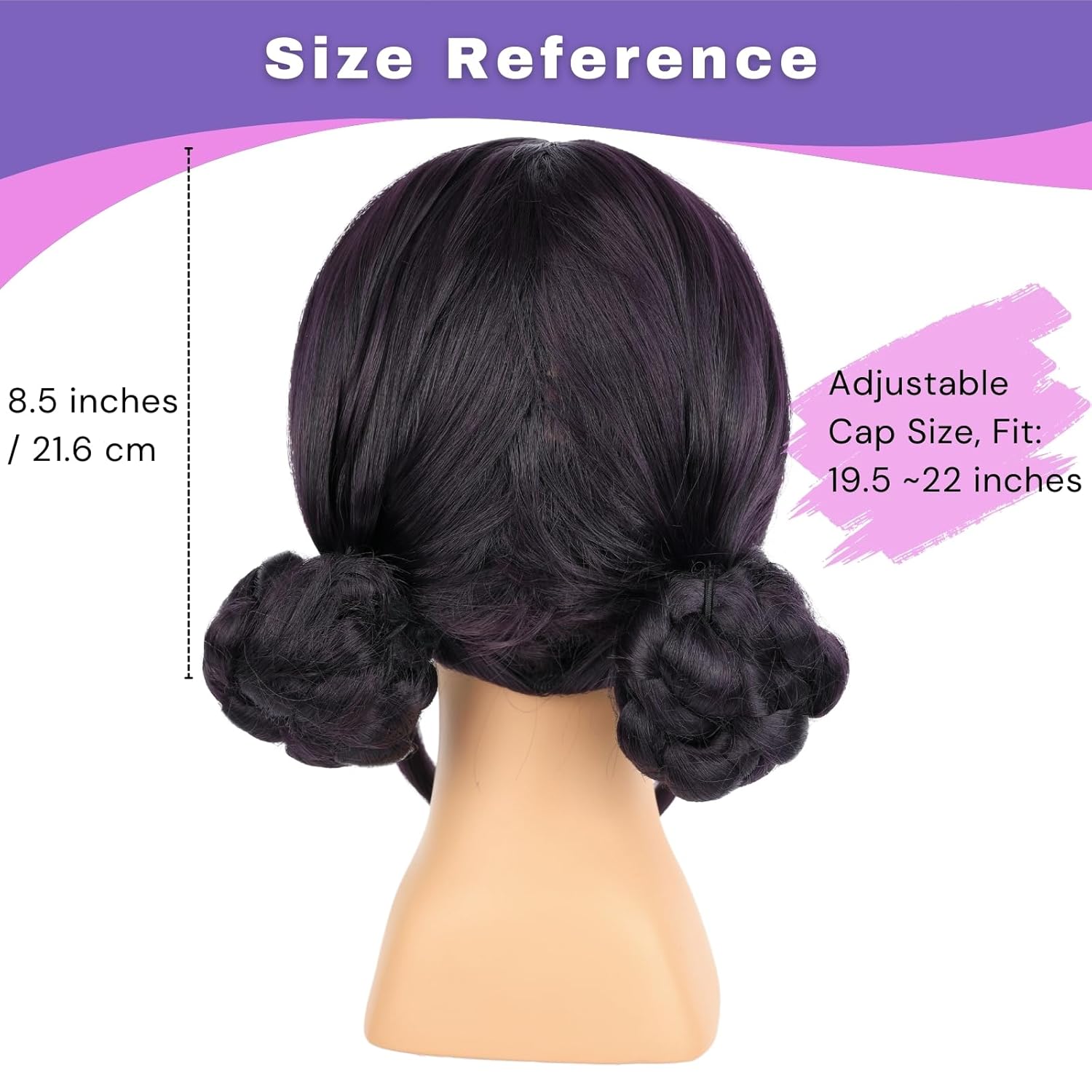 morvally Short Black Purple Wig with 2 Buns Anime Cosplay Synthetic Hair Wigs for Halloween Costume Party (Black Purple, Small Head) - Image 3