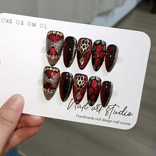 10Pcs Handmade Press On Nails Almond,Gothic Siren Fake Nails with Dramatic Cat Eye & Crimson Glow,Edgy Red & Black Glue on Nail Set with Tools,Glossy Vampy Nails for Concerts Night Events(S)
