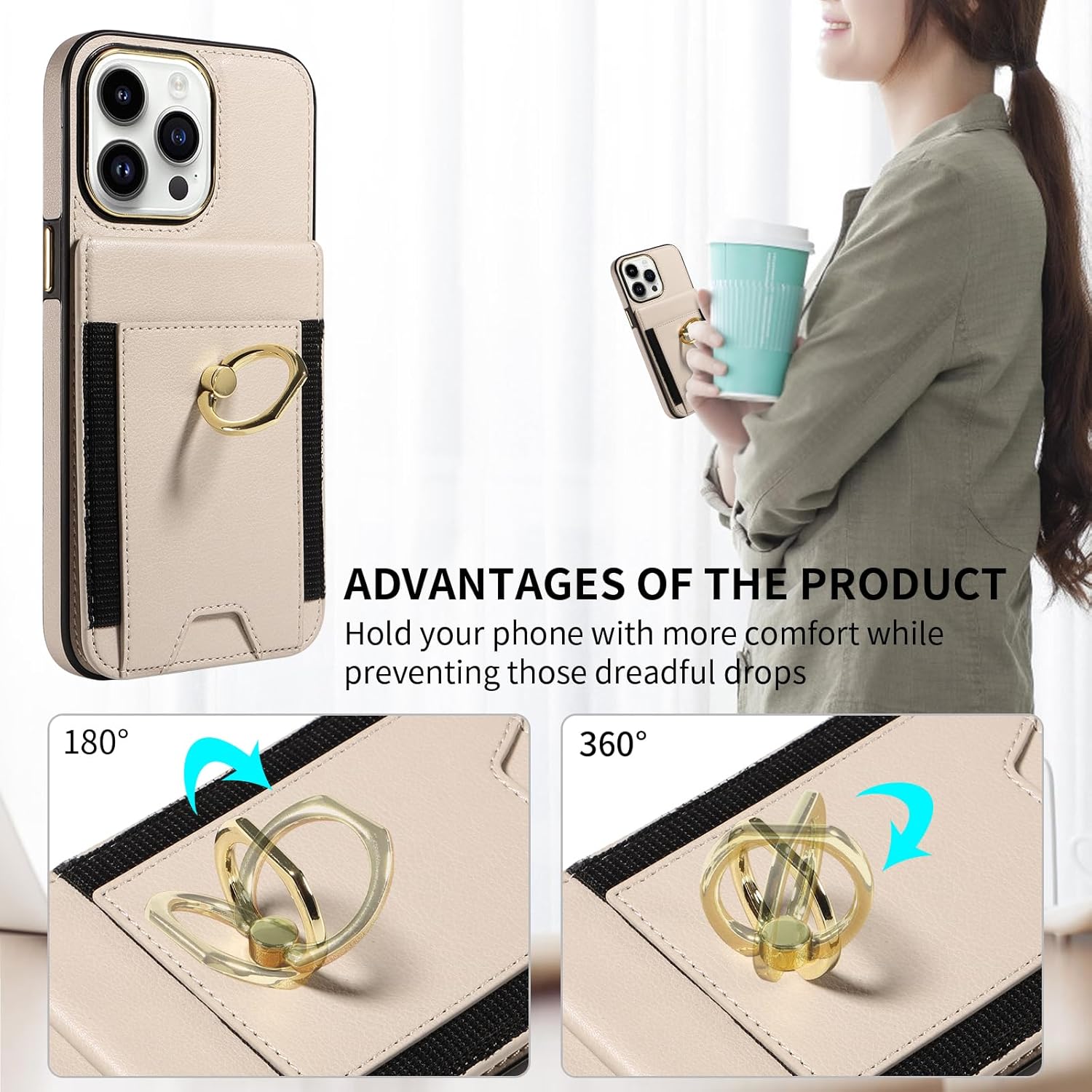 for iPhone 14 Pro Max Wallet Case with Credit Card Holder and 360° Rotation Ring Stand, RFID Block Flip Leather Shockproof Cover for iPhone 14 Pro Max-Beige - Image 2