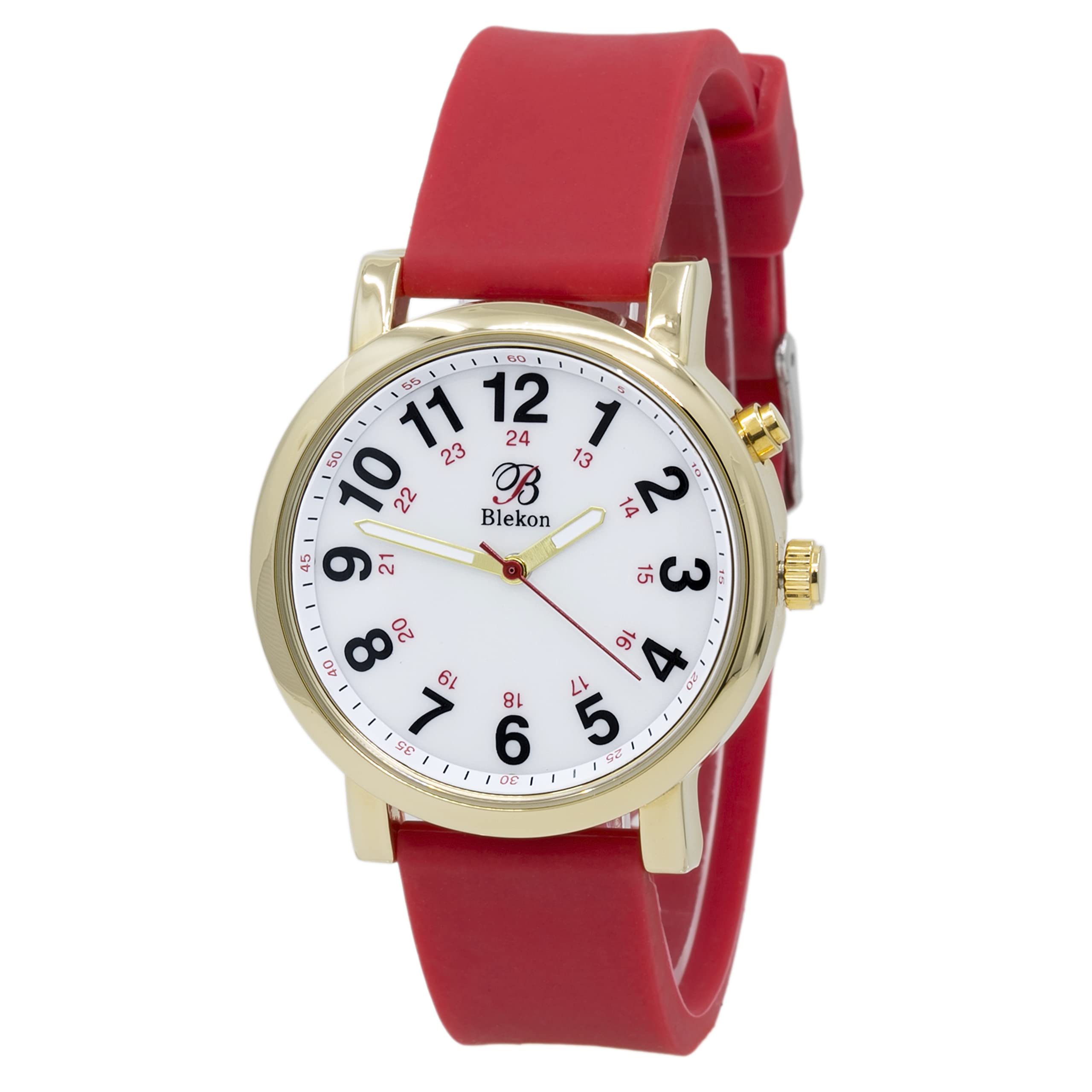 Blekon Original Light Up Dial Nurse Watch – Various Medical Scrub Colors, Easy to Read, Military Time with Second Hand, Silicone Band, Water Resistant Watch Gold RED