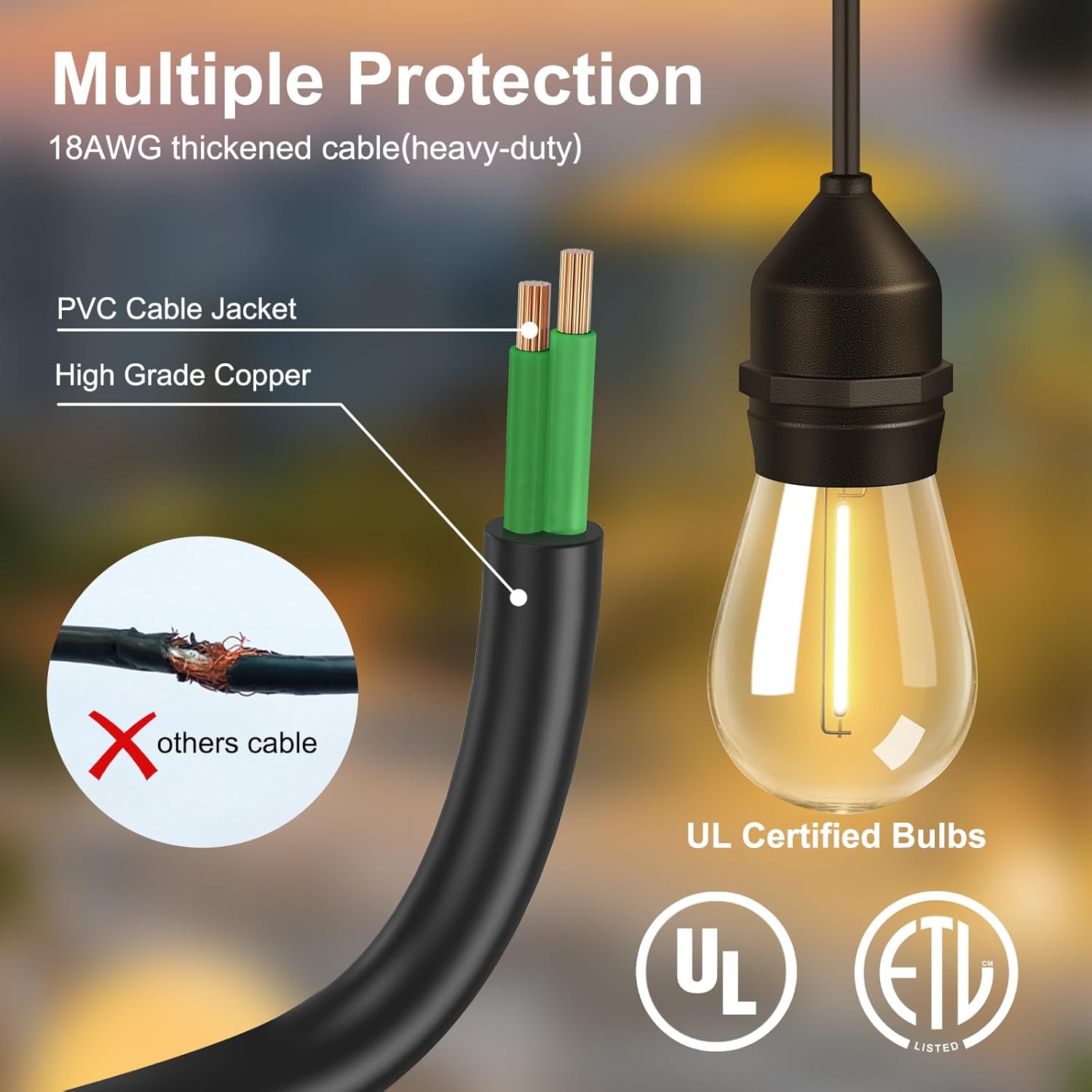 50FT Outdoor String Lights with 32+2 Bulbs (1.5FT Bulbs Spacing), Remote & Dimmer, Commercial Patio String Lights with 3 Mode Light & Timing, IP65 Waterproof, 50PC Mounting Ties for Outside - Image 5