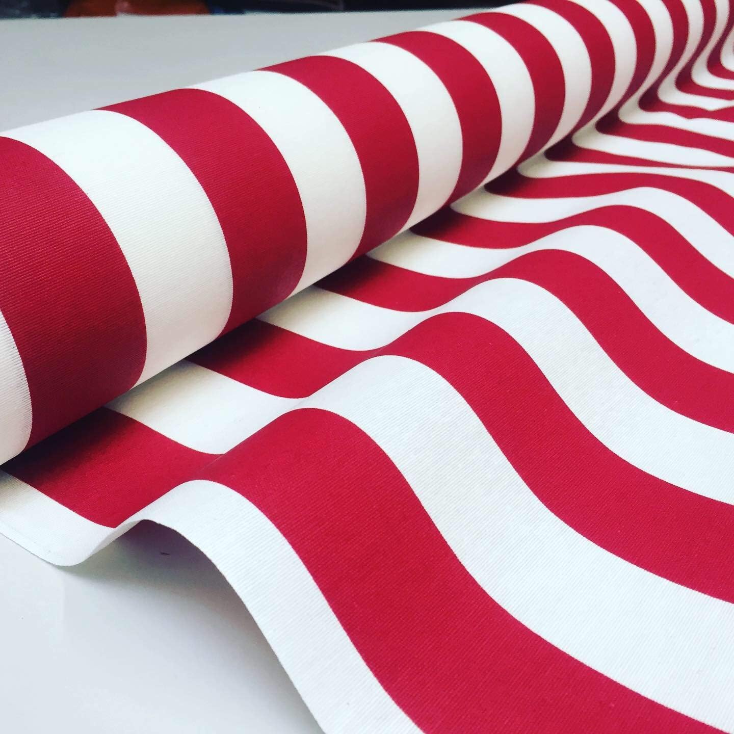 Sofia Stripe Teflon-Coated Outdoor & Indoor Canvas Fabric – Water Resistant, 43mm Stripes – 140cm Wide Material for Cushions, Deck Chairs, Tablecloths, Gazebos, Crafts (Red & White, 2 Metres)