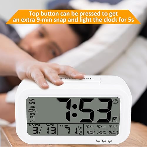 Miniatura 6 de Reloj despertador para dormitorio, 3 relojes despertadores, luz nocturna, pequeño reloj digital de escritorio con temperatura para mesita de noche,