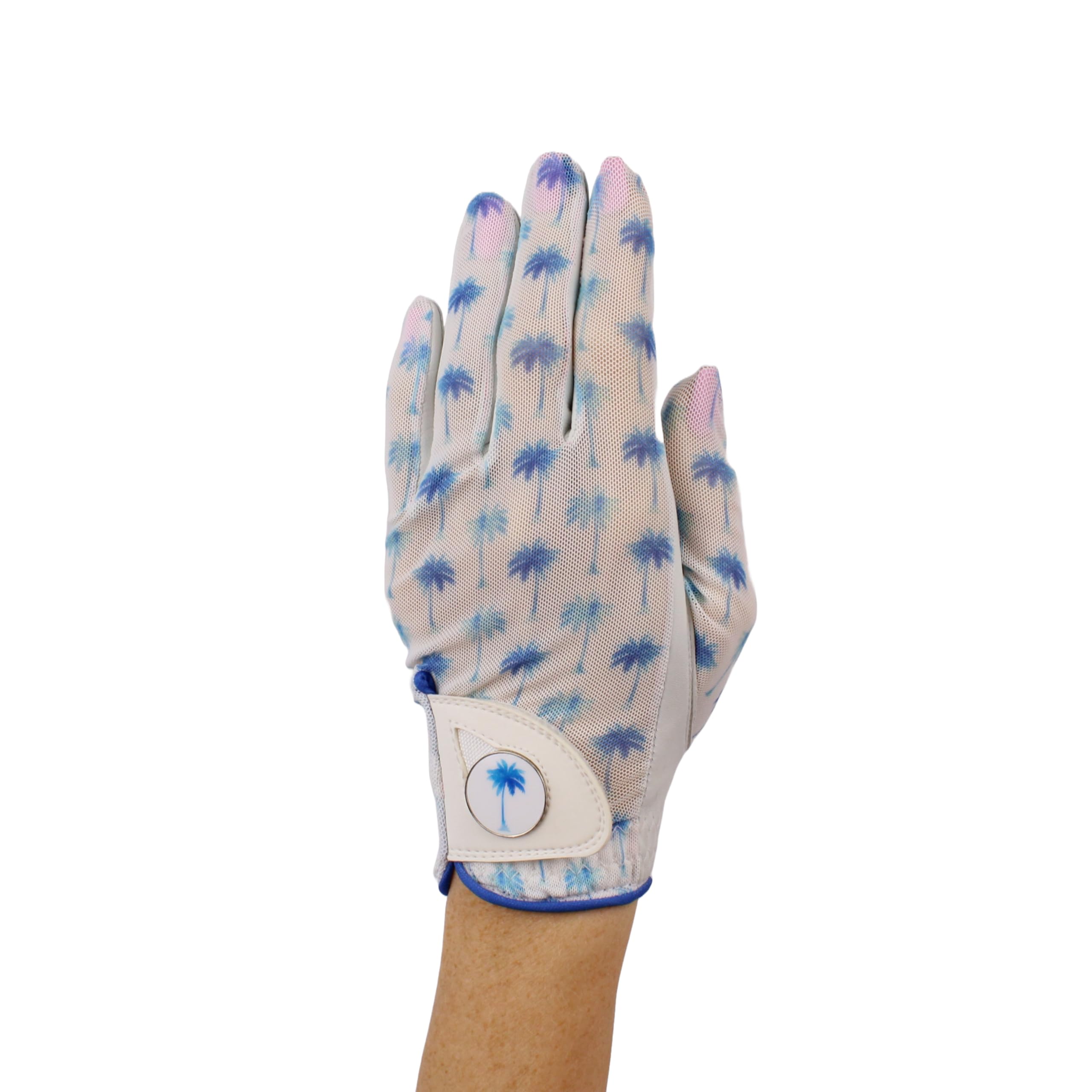Hand Candy Golf Glove – Premium Cabretta Leather – “Palm Trees” – Left Hand Women's Golf Glove with Matching Ball Marker (Small)