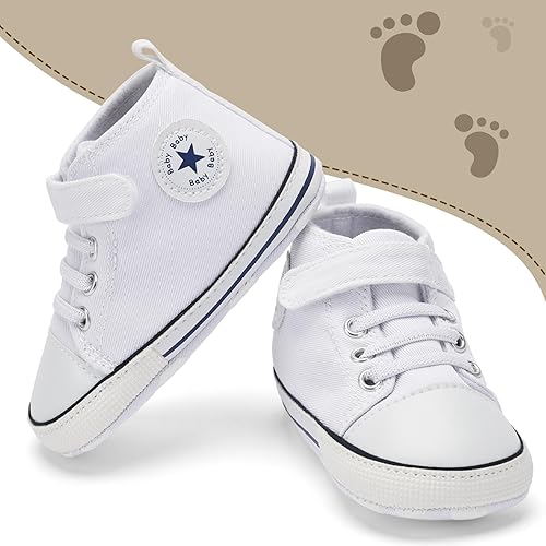 Miniatura 5 de BACSAC Zapatos altos de lona para bebés y niñas recién nacidos, zapatos deportivos para primeros pasos con gancho y bucle, transpirables, ligeros,