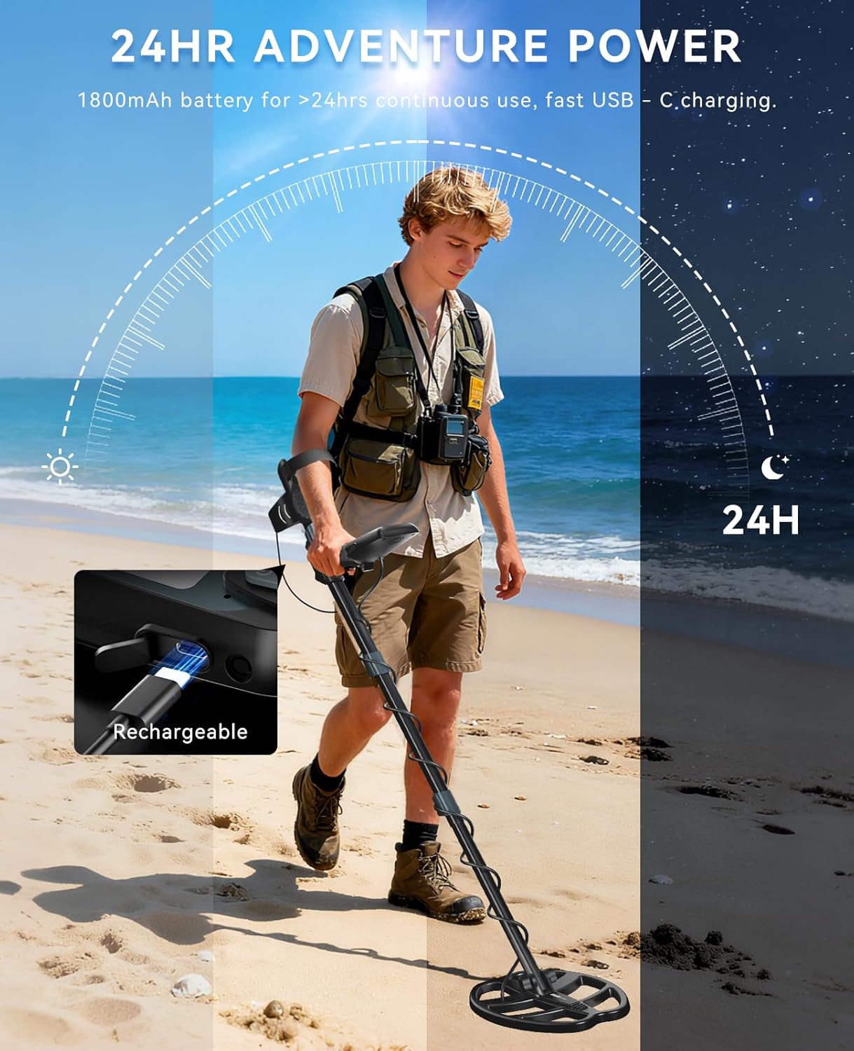 SUNPOW Professional Metal Detector for Adults Rechargeable - 6 Metal ID, IP68 Waterproof Coil, LCD Display, 5 Search Modes Metal Detector for Beach/River/Outdoor Treasure Hunting, OT-MD16 Black&Blue