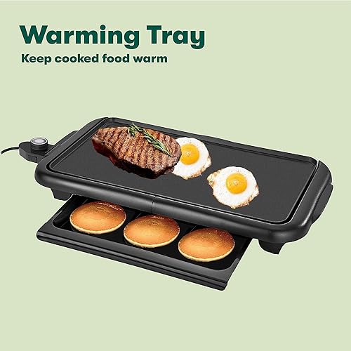 Miniatura 3 de Plancha eléctrica antiadherente de 18 pulgadas para 8 panqueques o huevos a la vez con bandeja de calentamiento