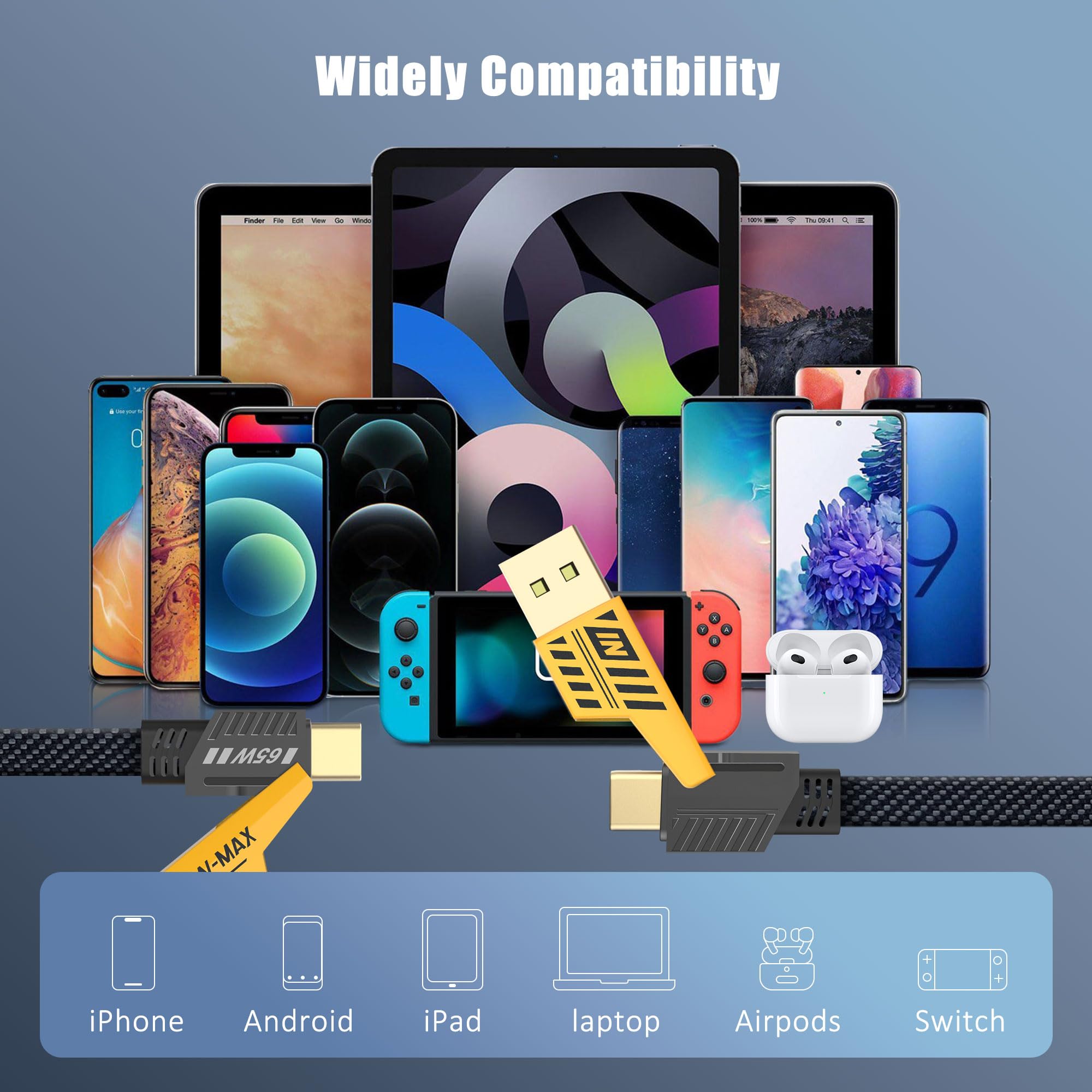 YISH Multi Cavo di Ricarica 4 in 1：[1.8M] Nylon Universale Multiplo USB Cavetto con USB A/USB Tipo C a 65W USB C+ 27W PD Cavo Dati Filo Caricatore Compatibile con iPhone Samsung Huawei MacBook iPad