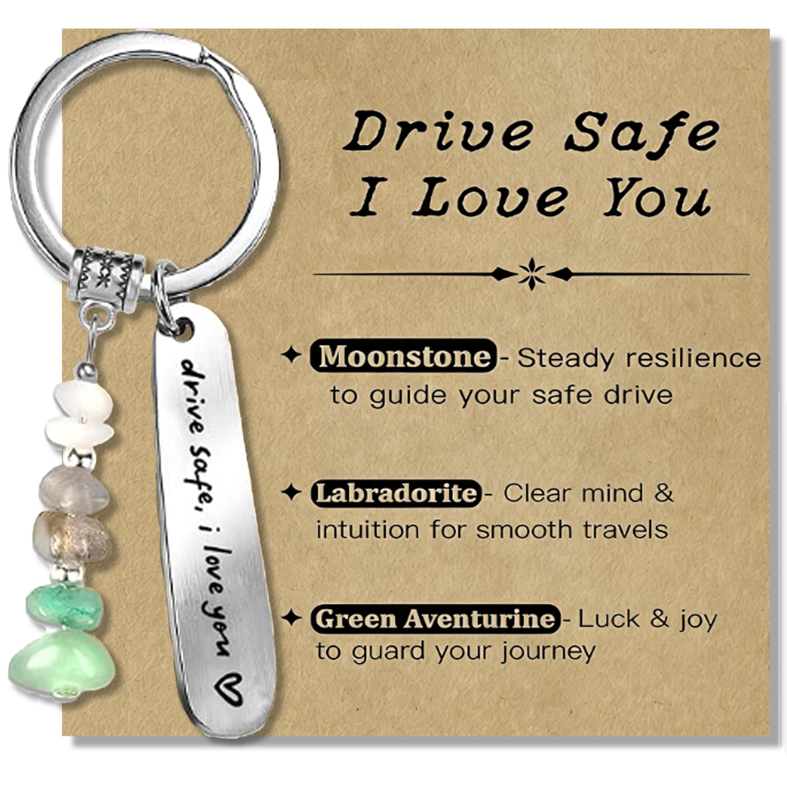 Aikobaa Unisex Green Drive Safe I Love You Crystal Keychain, Natural Moonstone Labradorite Aventurine, Keychain For Women Daughter, Valentine’s Day Gifts, I Love You Drive Safe Keychain
