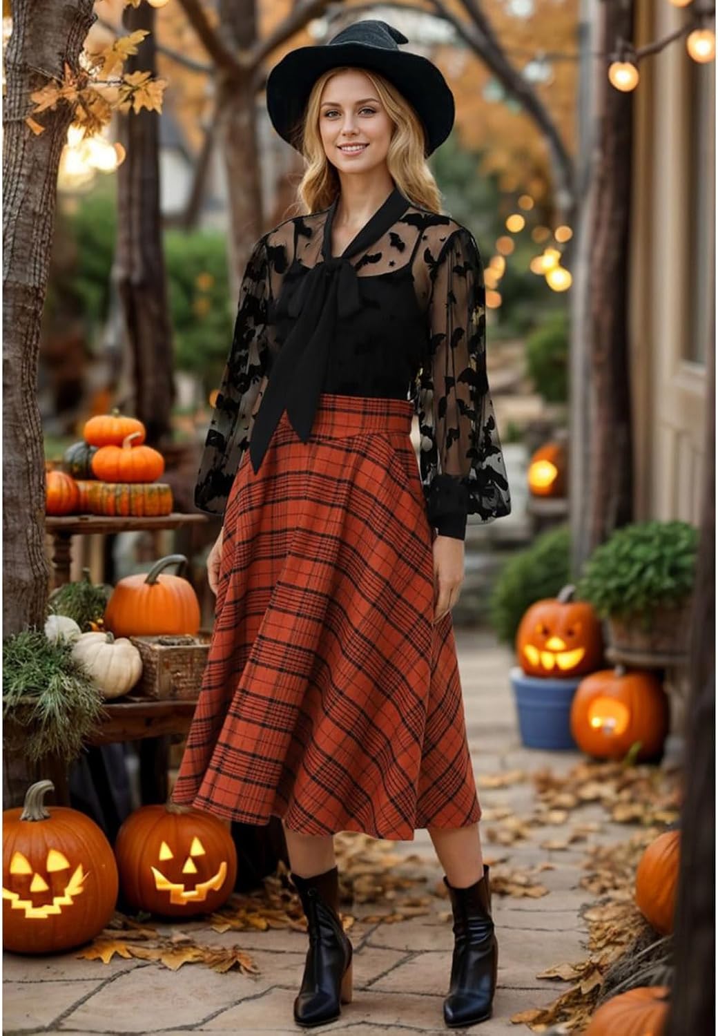 CHICWISH Women Mesh Tops Velvet Bats Printed Casual Shirt Self Tie Knot V Neck Long Sleeve Halloween Holiday Buttoned Blouse