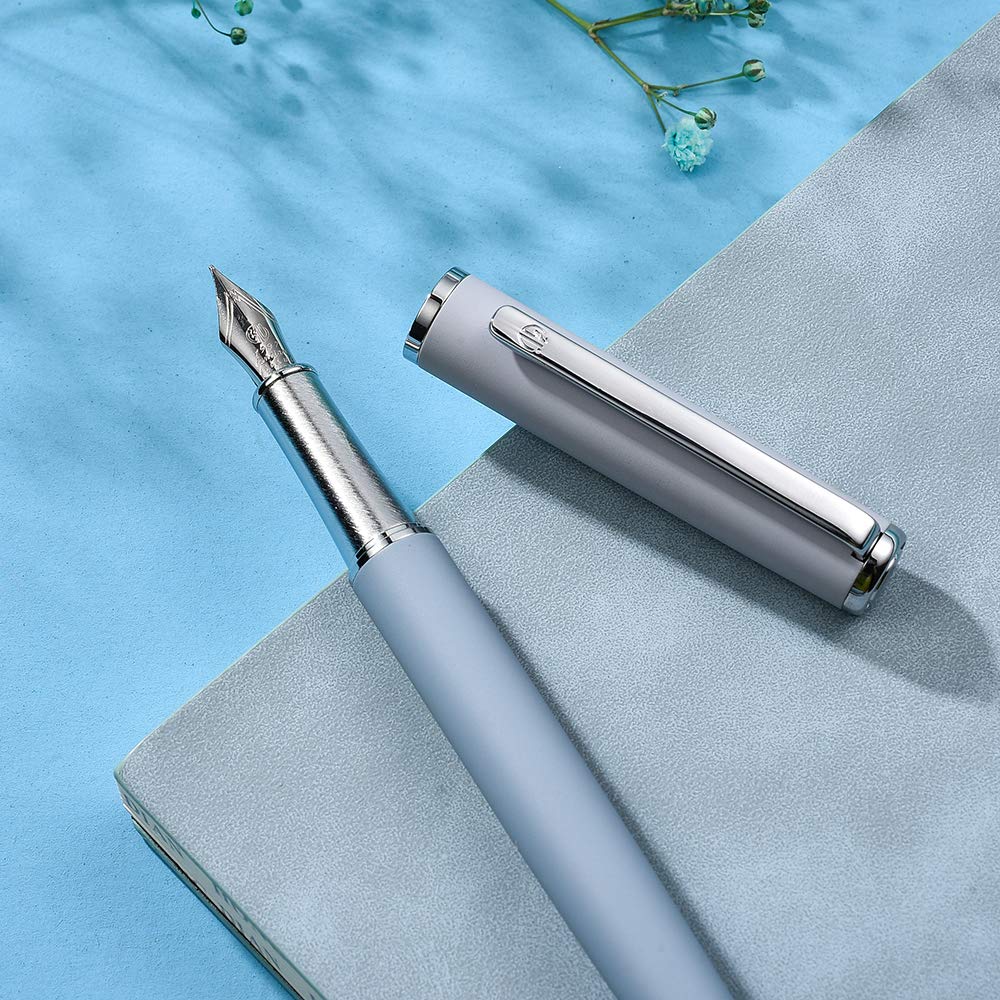 HongDian 523 Morandi Stylo plume en métal, pointe fine iridium, couleur gris, stylo convertisseur d'encre avec coffret cadeau