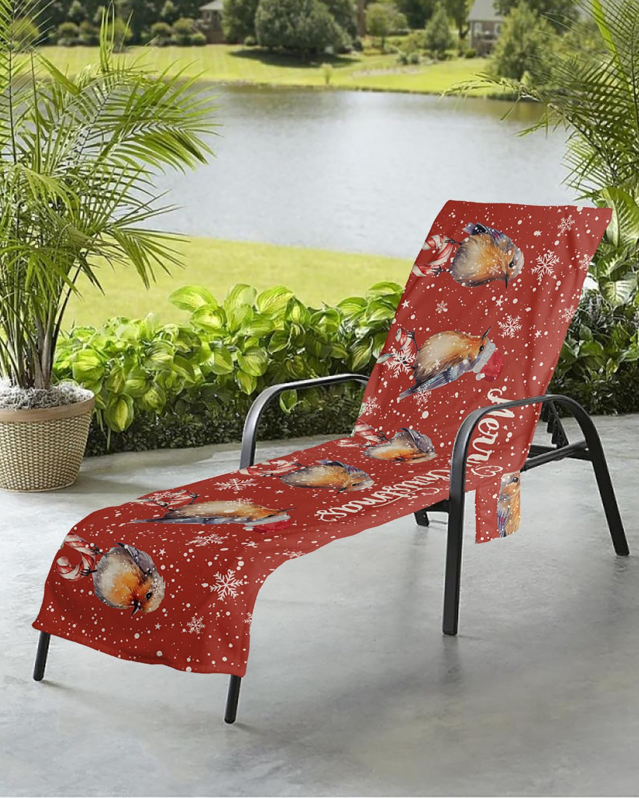Christmas Birds Beach Chair Towel Covers for Chaise Lounge with Side Pocket, Soft Plush Pool Towels Cover for Patio Sunbathing Outdoor 29''x85'' Red Winter Rustic Snowflake