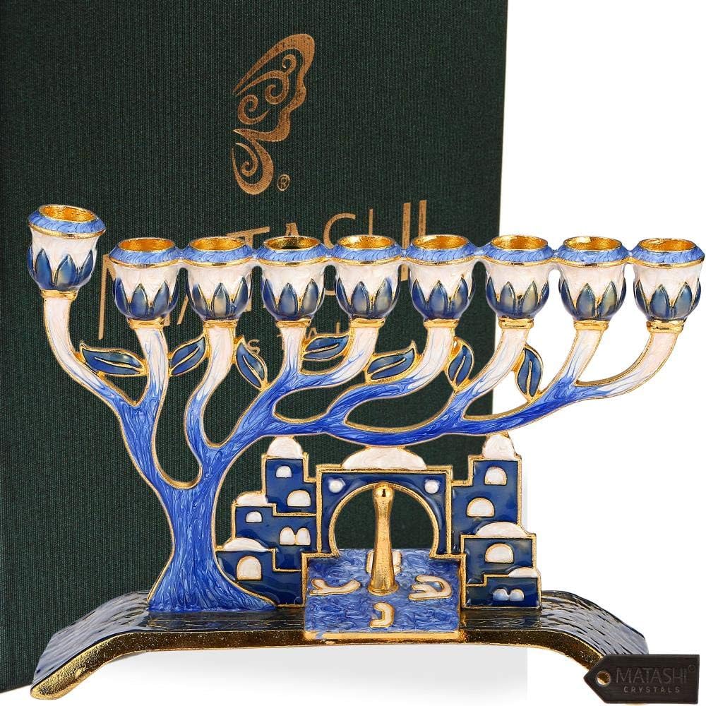 MatashiHand Painted Enamel Menorah Candelabra Embellished with Gold Accents and Crystals (Jerusalem City Design)