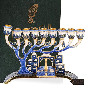 Matashi Hand Painted Enamel Menorah Candelabra Embellished with Gold Accents and Crystals Jerusalem City Design