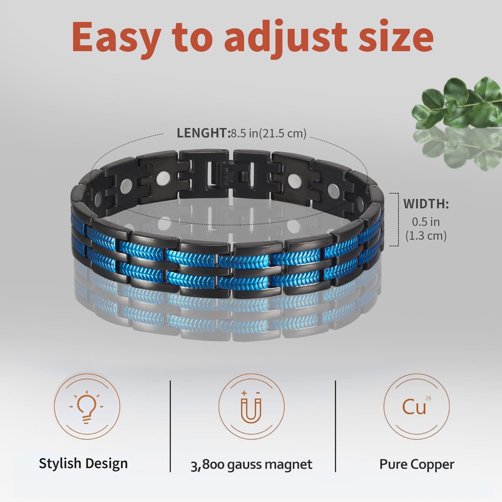 YINOX Pulsera magnética súper fuerte para hombre, pulsera magnética de acero inoxidable, pulsera de línea azul para hombre, incluye 16 imanes NdFeB y caja de regalo (21 cm)