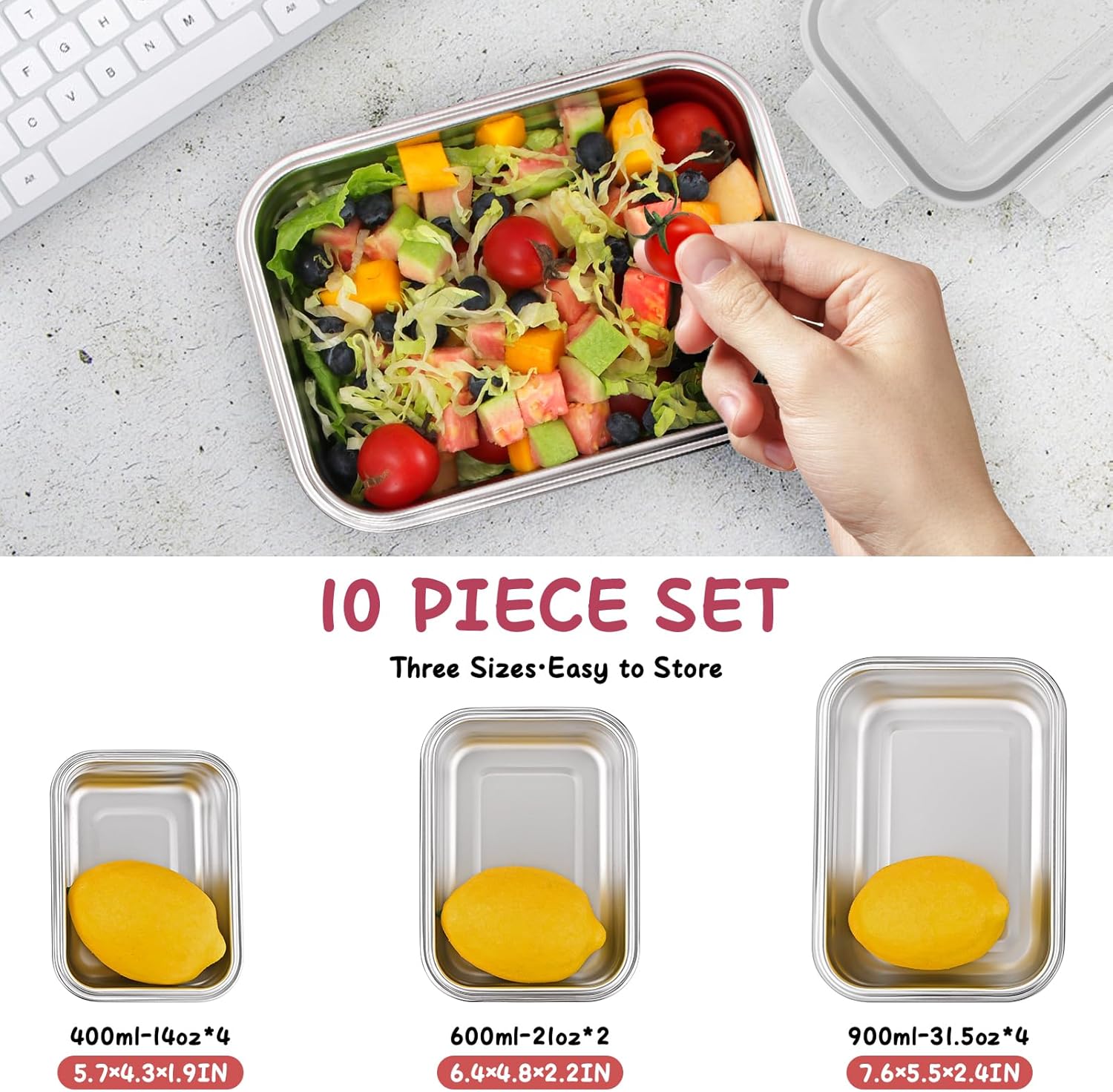 10 PC Square 304 Stainless Steel Food Containers with Lids, Airtight Bento Lunch Box, Metal Meal Prep Food Containers Reusable Stackable | Nestable Oven/Dishwsher/Freezer Safe - Image 2