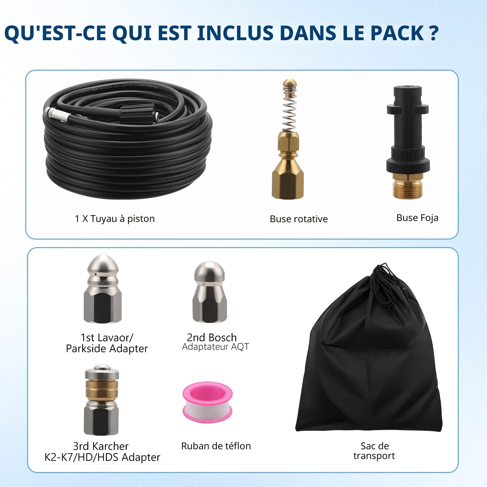 Furet Deboucheur Canalisation Haute Pression 30M,Tuyau Flexible 210 Bar 60°C,Avec Adaptateur,Buse Fixe/Rotative,Rallonge De Tuyau Pour Karcher Nettoyeur Compatible Avec Kärcher K2-K7 (30M)