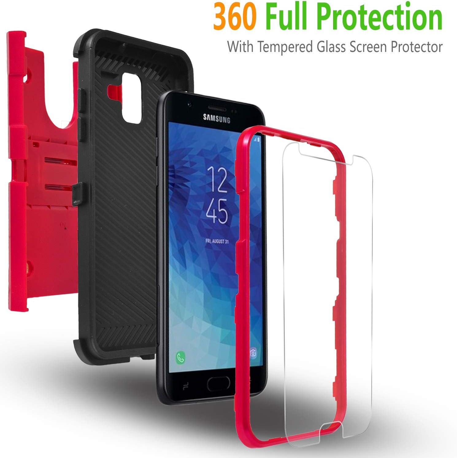 Starshop Galaxy J3 Orbit Case, J3 Star, Express Prime 3, J3 Achieve, J3 V 2018, Sol 3, Samsung Amp Prime 3, with [Tempered Glass Screen Protector Included] Full Cover Kickstand Cover W/Belt Clip-Red