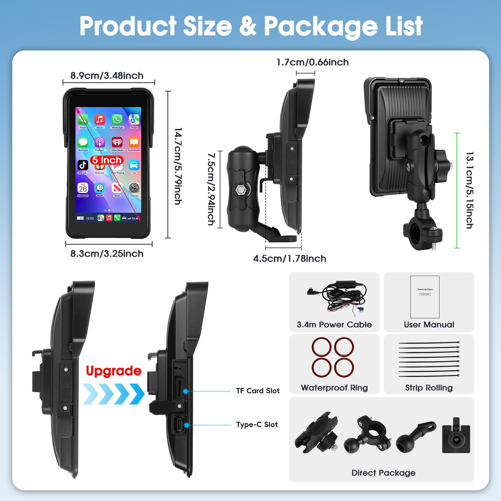 Navigatore per moto con Apple CarPlay e Android Auto Wireless, Autoradio Portatile Touchscreen HD 5 Pollici Bluetooth FM Impermeabile IP68
