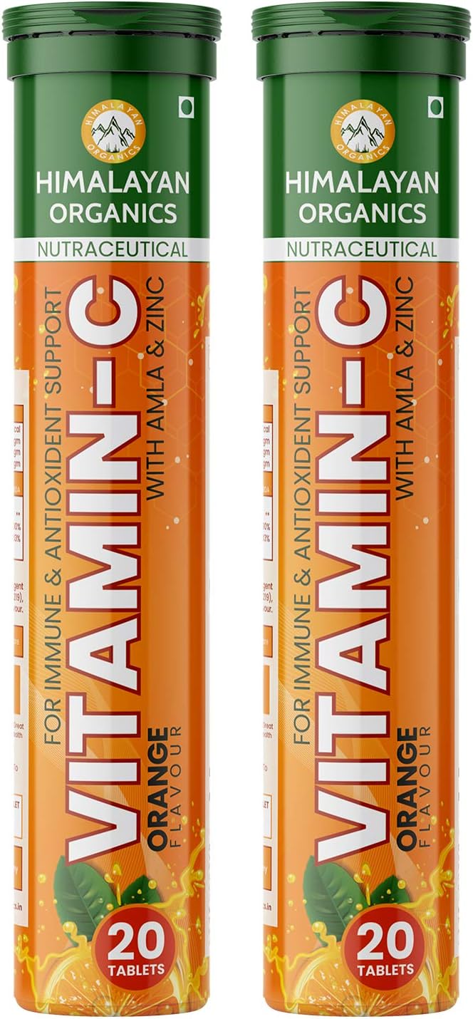 Himalayan Organics Vitamin C, Amla with Zinc , Immunity Booster , Anti - Oxidant Supplement - 20 Effervescent Tablets ( Orange Flavor ) ( Pack of 2 )