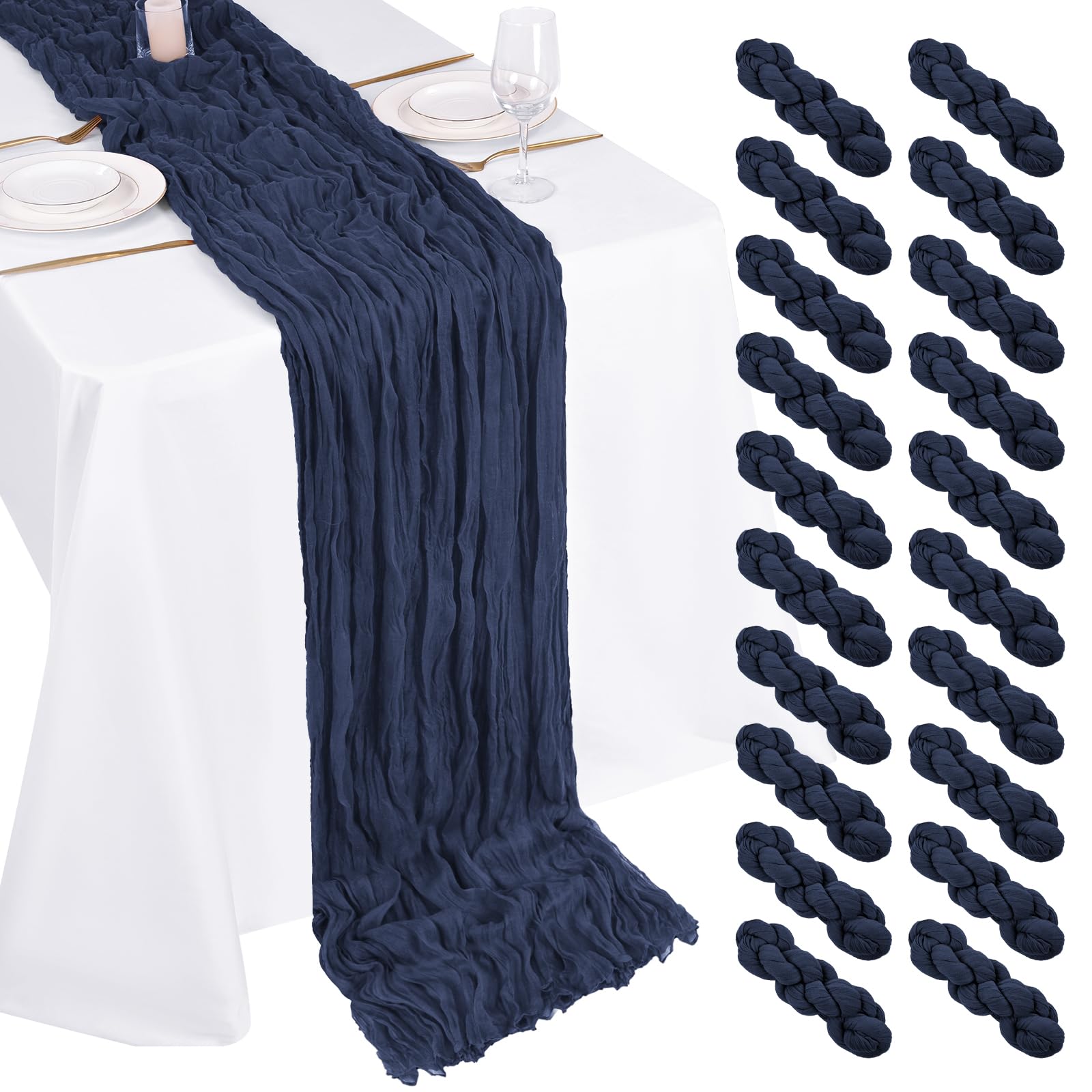 Photo 1 of 20 Pack Cheesecloth Table Runner - 17x108 Inch Navy Blue Boho Gauze Cheese Cloth Table Runners for Baby Bridal Shower Decoration Wedding Party Summer Garden Farmhouse