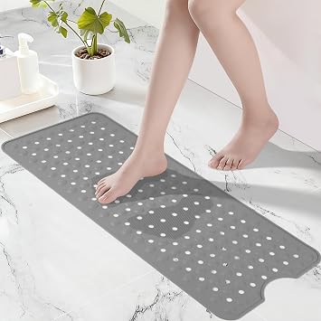 Silicone Bath Tub Mat Non Slip, 36"x16" Shower Foot Scrubber Mat with Drain Holes and Suction Cups, Upgraded Bathtub and Shower Mats, Machine Washable Bathtub Floor Liner Mats for Bathroom Gray