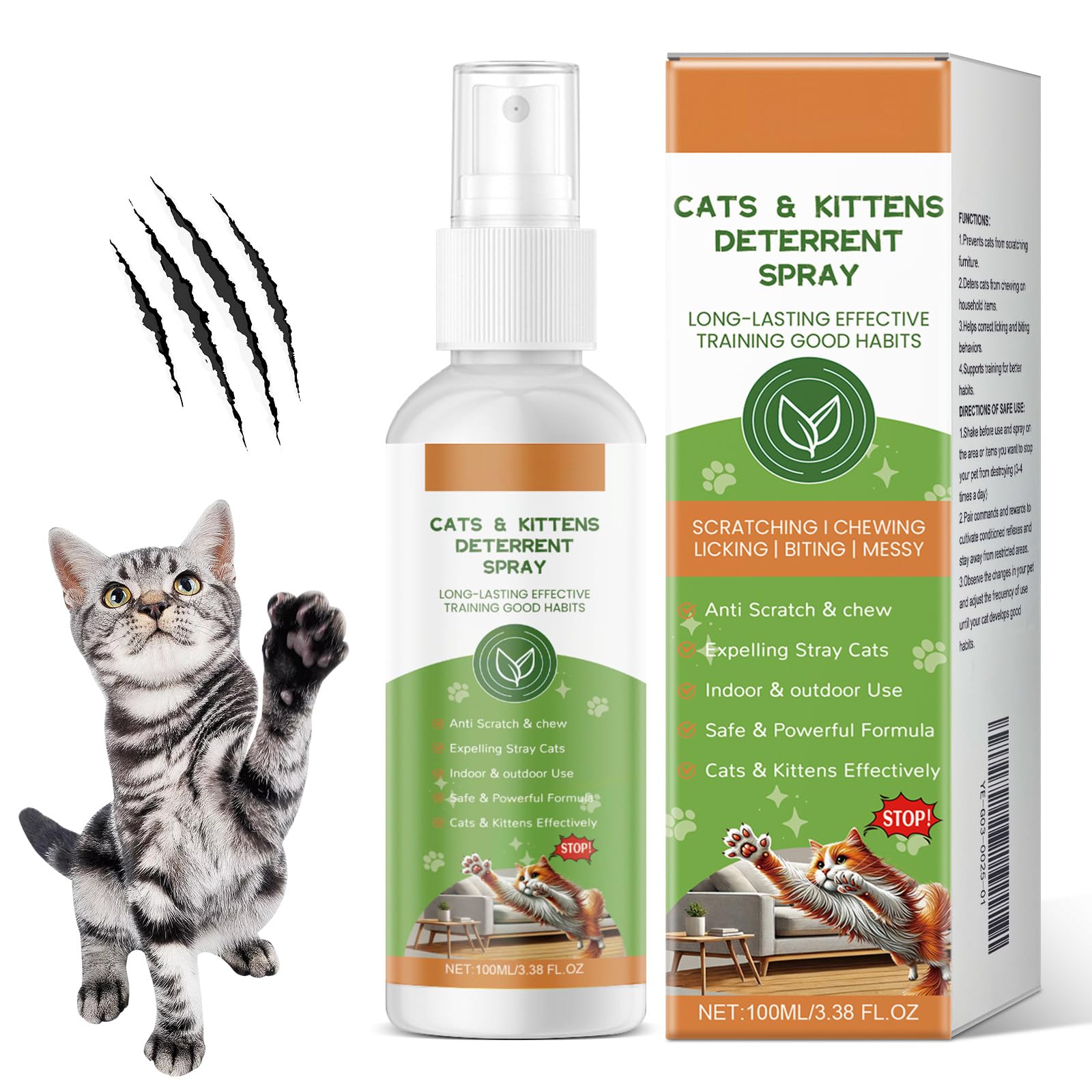 Spray Repellente per Gatti, 100ML Spray Disabituante Gatti, Repellente Gatti e Spray AntiGraffio per Gatti Divano, Uso Interno ed Esterno, Protezione del Divano, Cavi, Vestiti, Piante e Mobili