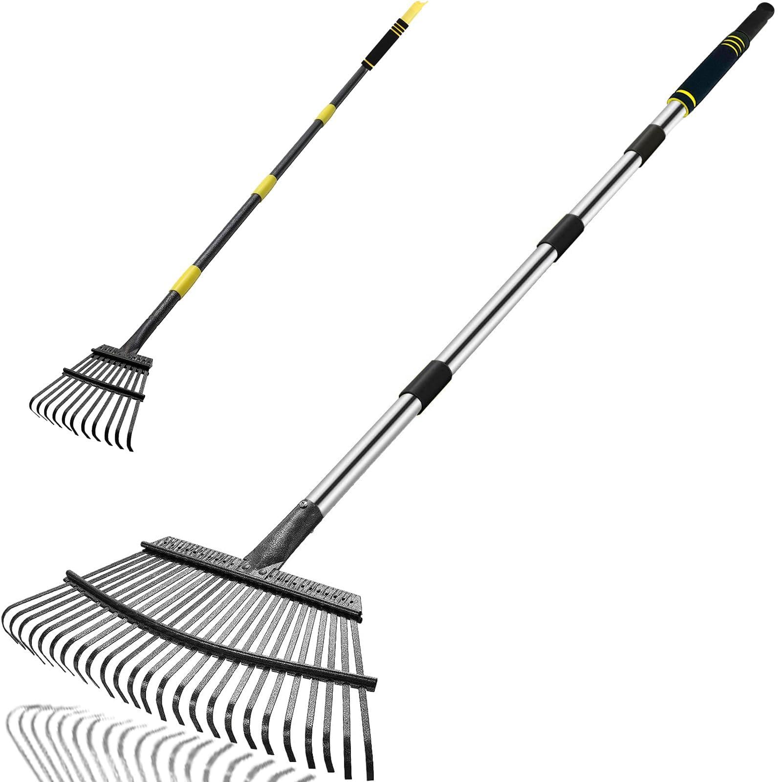 6-stopowe, wytrzymałe grabie ogrodowe – zęby metalowe 25/11, regulowany uchwyt stalowy o szerokości 18,5"/9" do liści/trawników/krzewów/gruzu