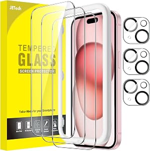 JETech Screen Protector for iPhone 15 6.1-Inch with Camera Lens Protector, Bubble Free, Easy Installation Tool, Tempered Glass Film, HD Clear, 3-Pack Each