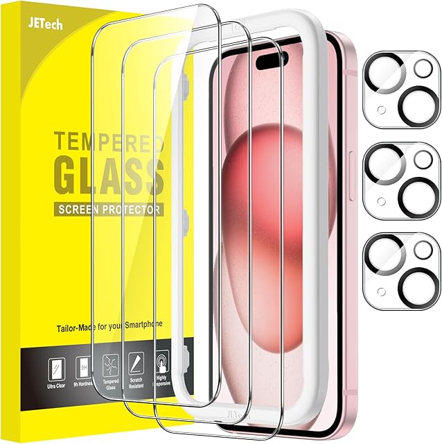 JETech Ochraniacz Ekranu dla iPhone 15 6,1 Cala z Obiektyw Aparatu Ekranu, Bez Bąbelków, Narzędzie Łatwej Instalacji, Szkło Hartowane Film Folia, HD Przezroczyste, 3 Sztuki Każdy