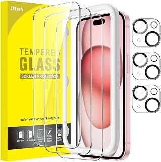 JETech Protetor de Tela para iPhone 15, 3+3 Unidades | com Protetor de Lente da Câmera, Vidro Temperado HD Transparente, Ferramenta de Instalação Rápida