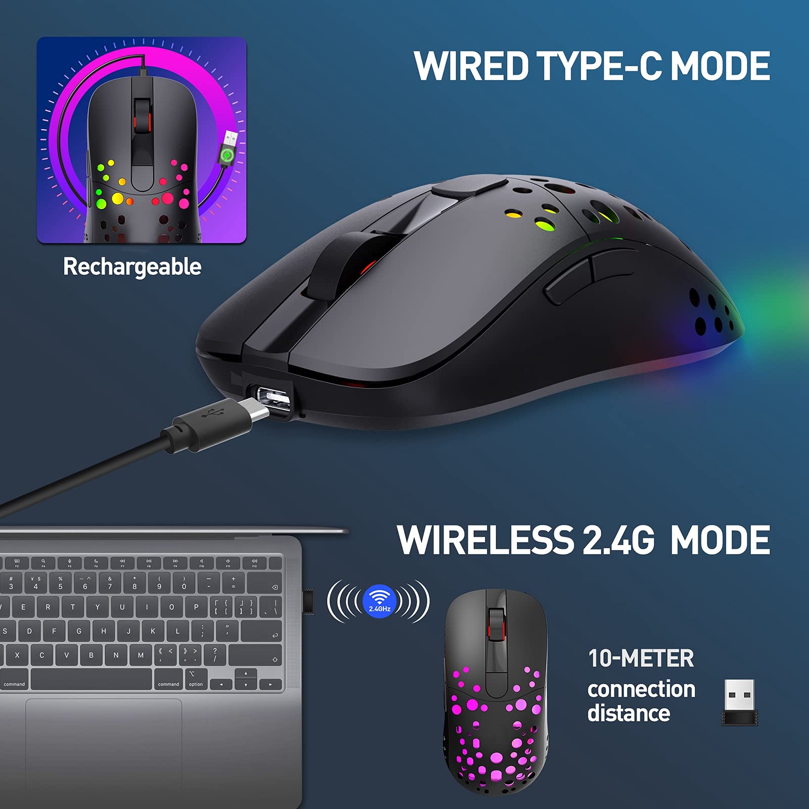 Gaming Mouse 2.4G Dual Mode Six Level Adjustable Precise Control 10000DPI RGB for PC s Gaming Mouse
