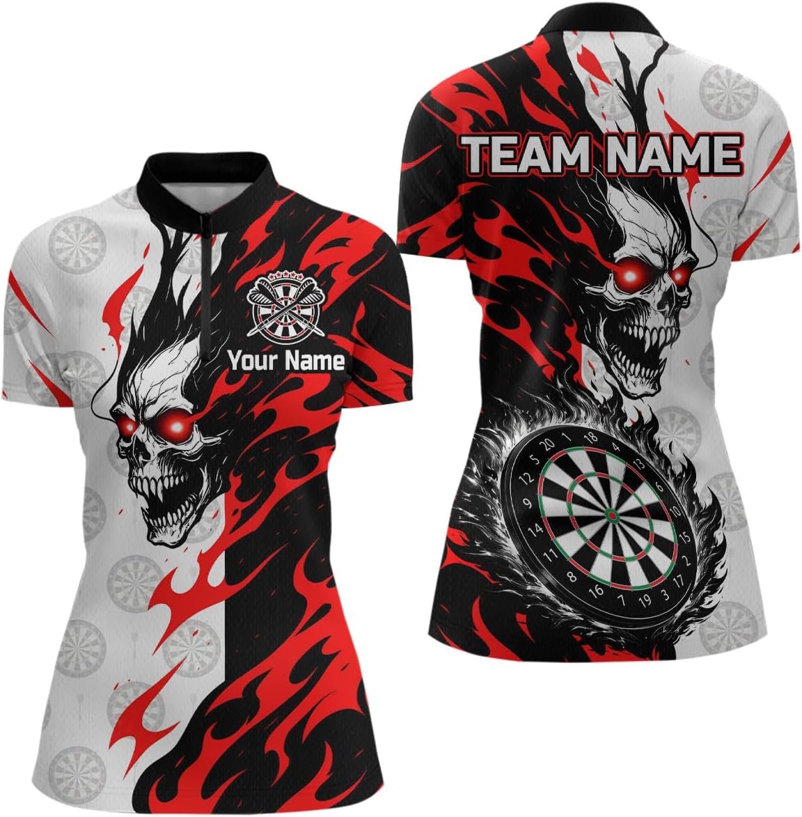 Red and Black Flaming Dart Shirt for Team Men Women Dart Shirts Custom Dart Jersey Dartboard Shirt Polo and Quarter-Zip Shirt