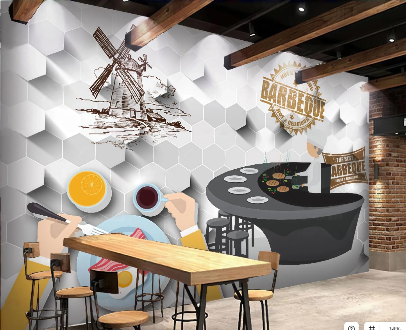 XDOUBAO Wallpaper Fashionable Personality Hand-Painted Barbecue Shop Theme Afternoon Tea Western Restaurant Background Wall Wallpaper Coffee Shop Mural,3D,150x105cm