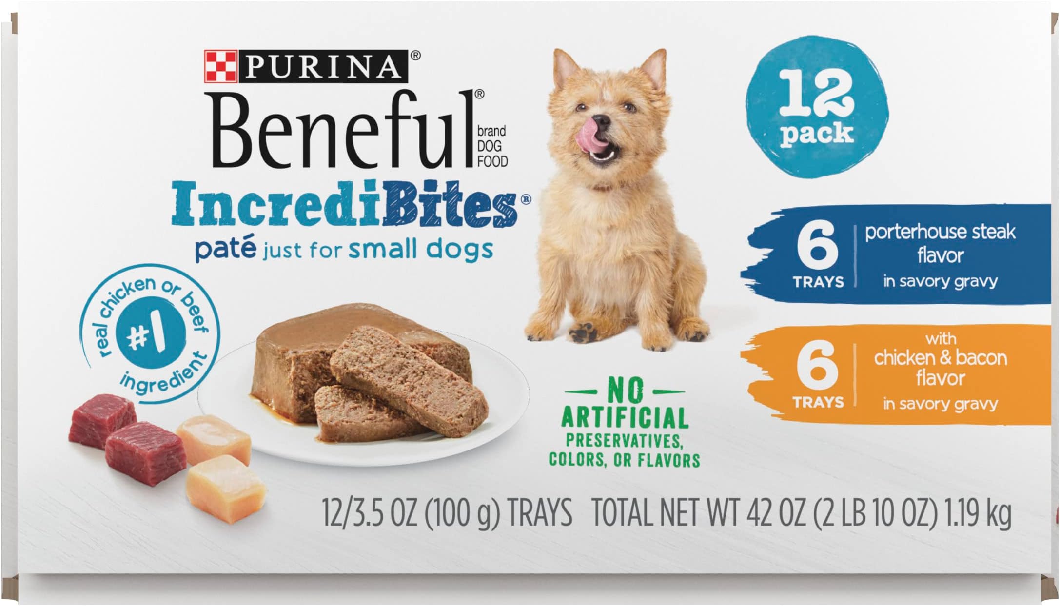 BenefulIncrediBites with Chicken and Natural Bacon Flavor and Porterhouse Steak Flavor Wet Dog Food Variety Pack - (Pack of 12) 3.5 oz. Cans
