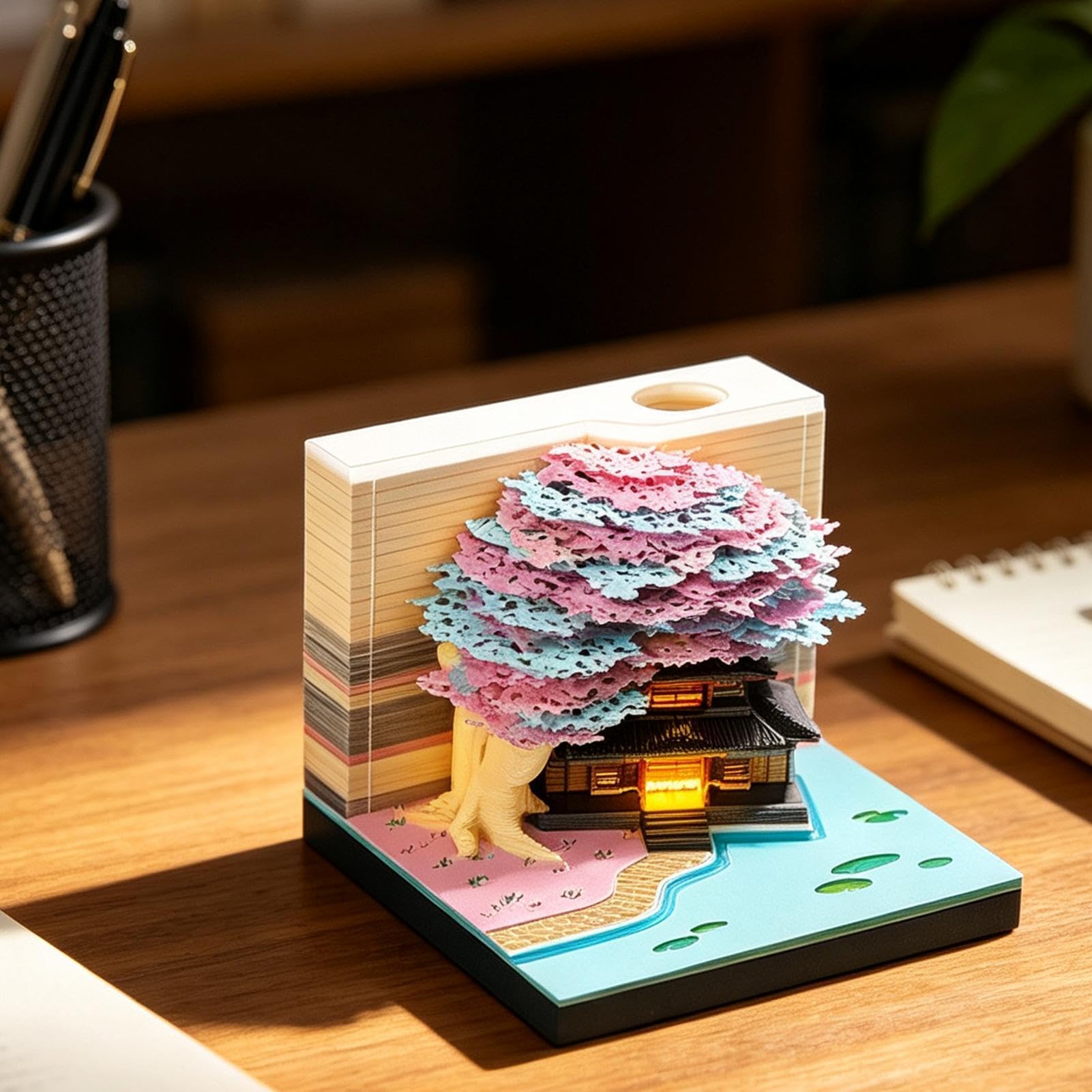 3D-Notizblock 3D Desktop Skulptur Haftnotizen 2027 mit LED Beleuchtung | Papier Kalender Skulptur Für Büro, Schule, Zuhause, Wohnheim, Wohnung, Schlafzimmer, Wohnzimmer und Bücherregal