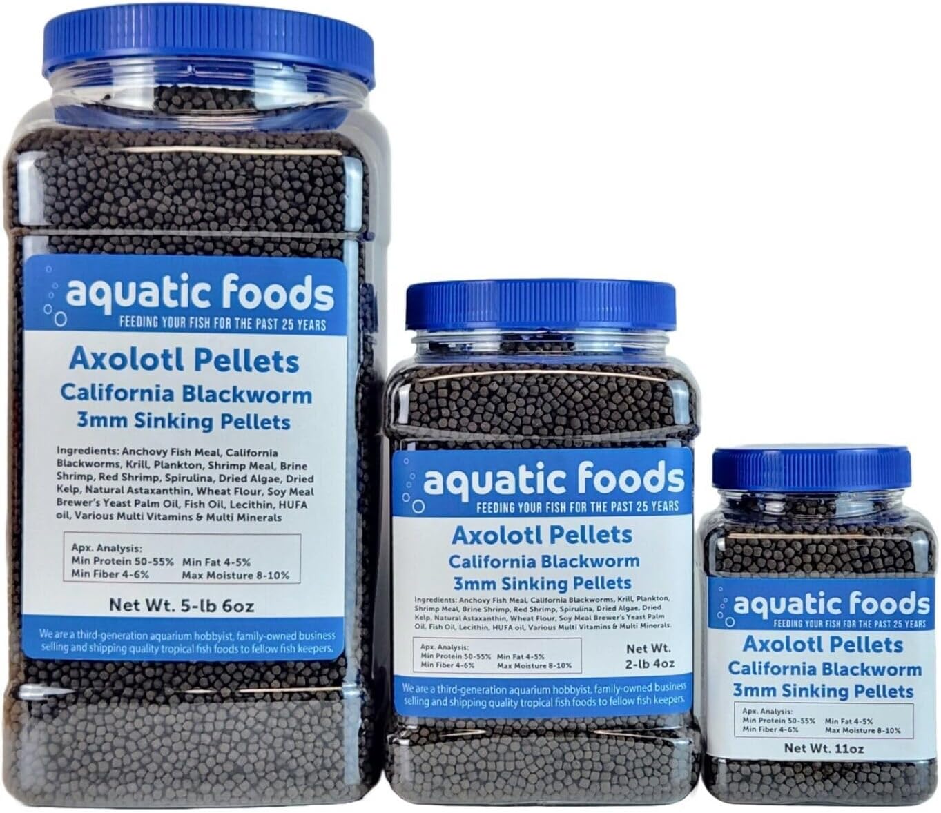 Aquatic Foods Inc. Axolotl Blackworm Pellets. 3mm-1/8 Sinking California Blackworm Medium Pellets for Medium/Large Axolotl, Frogs, Shrimp, Salamanders, Newts, Snails…5-lbs 6oz Jar