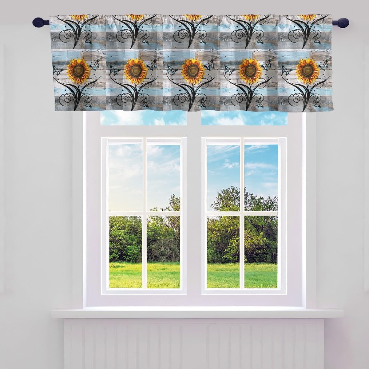 Rustic Sunflower Valance Curtains 52"W X 18"L,Yellow Floral Window Curtains,Blue Butterfly Blackout Valances,Modern Aesthetic Window Toppers Valances,Retro Wooden Cabin Window Treatment Valances