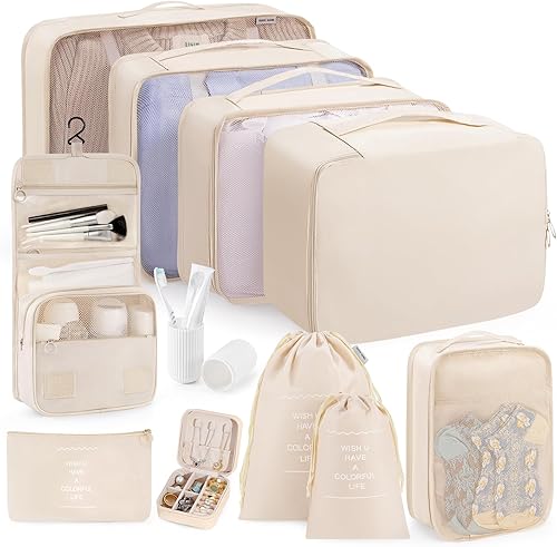 Juego de 11 cubos de embalaje, organizadores de maleta, bolsas organizadoras de equipaje, con bolsa de aseo personal, artículos esenciales de viaje,
