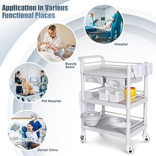 Miniatura 9 de Carros médicos móviles de 3 niveles, carrito de utilidad profesional de 330 libras, carga máxima, carrito de choque, carrito de ultrasonido con Gris