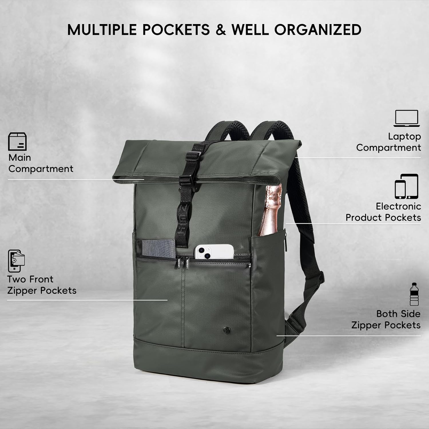 Casual Daypack Backpack for Women Heavy Duty Large Roll Top Rucksack Backpack for Adult Men Lightweight Backpack for Travel Green