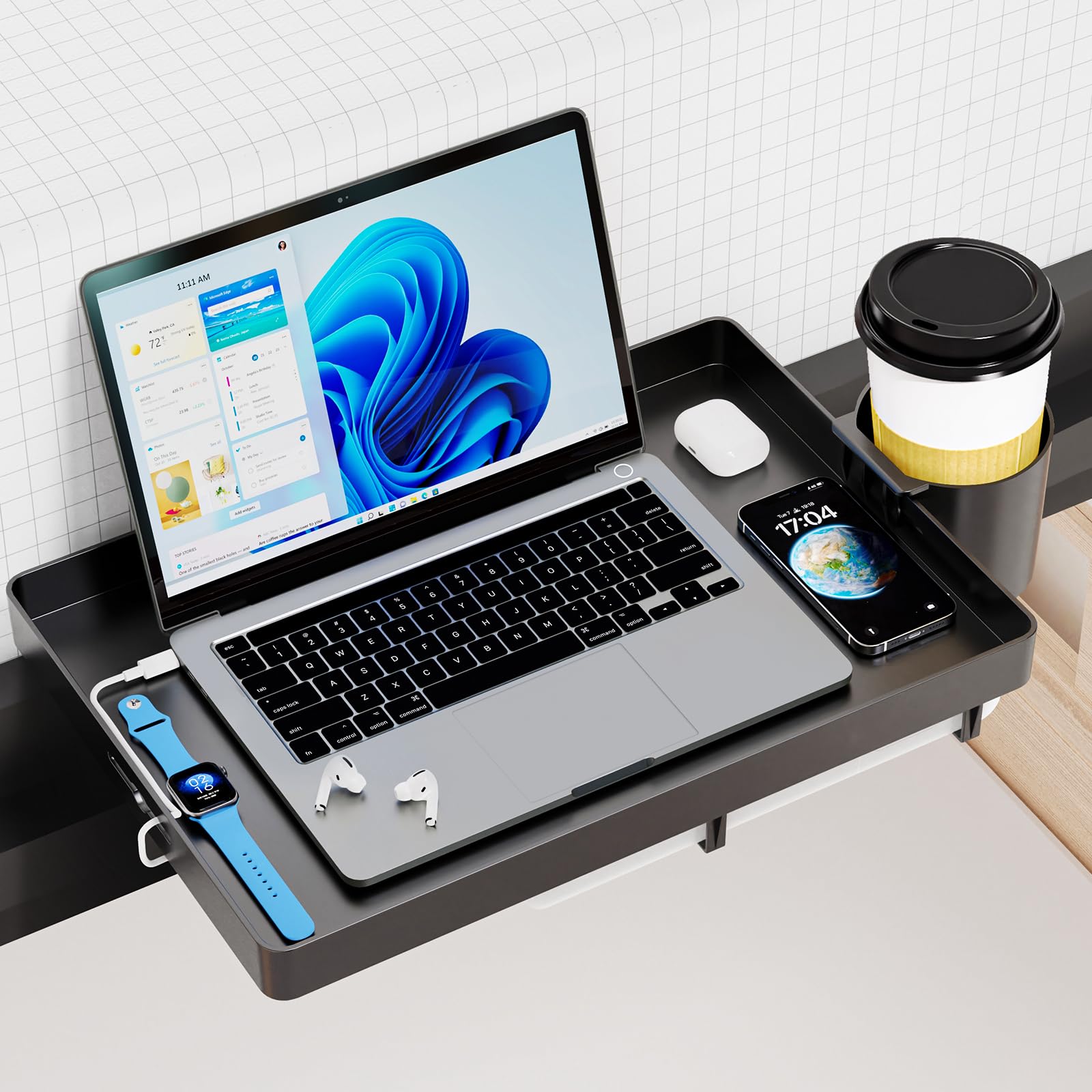 Bedside Shelf, Bunk Bed Table Shelf for Top Bunk, Black Clip On Nightstand with Removable Cup Holder&Power Strip Holder,Bunk Bed Tray for Dorm Bed&